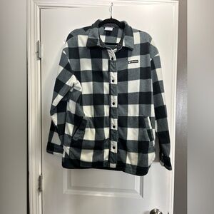 large Columbia, black and white plaid button-up fleece jacket up fleece jacket